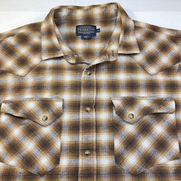 PENDLETON WOOLEN MILLS COWBOY WESTERN SNAP UP FLANNEL SHIRT Mens XL Plaid Brown - Picture 2 of 6